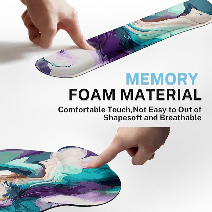 Keyboard Mouse Pad Set, 4 in 1 Desk Mat Set, Marbling Liquid | Teal Purple Large Mousepad+Keyboard Wrist Rest+Mouse Wrist Rest+Coaster Ergonomic Design for Home Office Computer