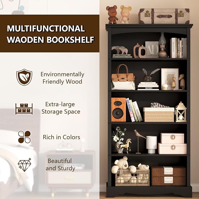 TVU 5-Tier Wooden Bookshelf, 31.5" W x 65" H ×9.9" D Bookshelf with Storage, Floor Standing Modern Style Display Bookcase for Living Room, Office, Study Room, Entryway, Black