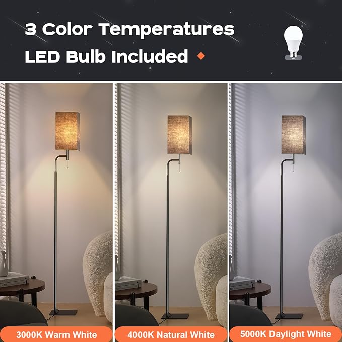 Modern Floor Lamp for Living Room, Black, 3 Color Temperatures, Linen Shade, Minimalist Design, Tall Lamp for Reading, Office, Bedroom | Solid Iron Flat Base, Fits Under Sofas, Compact Spaces, Living Room Bedroom Office