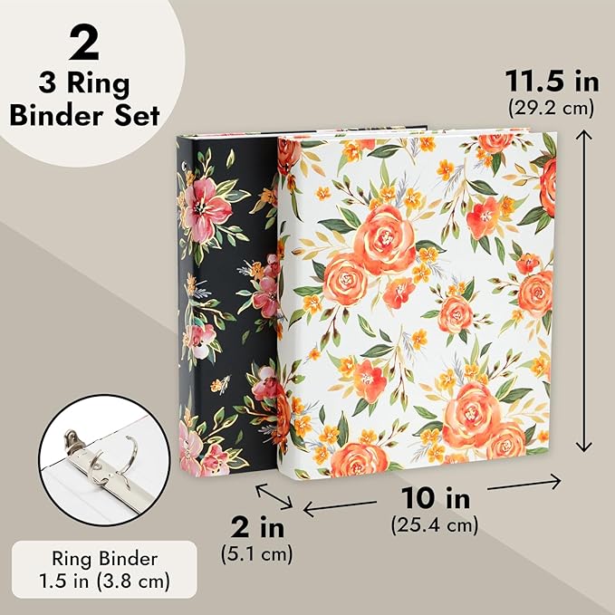 2 Pack Colorful Floral 3 Ring Binder with 1.5 Inch Rings, Decorative File Folder for Office Supplies, Planner, Portfolio, 250 Sheet Capacity (11.5 x 10.5 in)