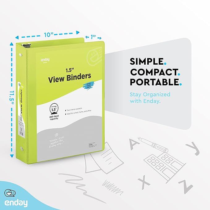 Enday 1.5 Inch Binder (6 Pack - Green) 3 Ring Binder 1.5 inch with Clear View Cover and 2 Inside Pocket - for Letter Size 8.5 x 11'' Paper, Ideal for School Supplies, Office, and Home