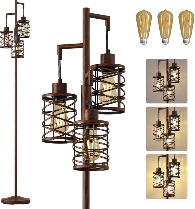 70" Industrial Floor Lamp, Stepless Dimmable Standing Lamp with 3 Bulbs, Farmhouse Corner Standing Tree Lamp for Living Room, Tall Lamps for Bedroom, Office, Study Room, Dining Room