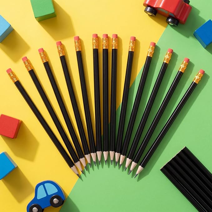 Outus 144 Pieces Round Pencils Cute HB Graphite Wood Pencils Bulk with Eraser for School Writing Drawing Sketching Wedding Office Supplies(Black)