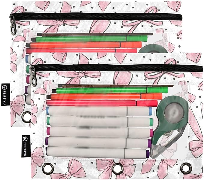 Cute Bows Pink Pencil Pouch for 3 Ring Binder, 2 Pack Waterproof Pencil Bags Clear Window Zipper School Office Supplies