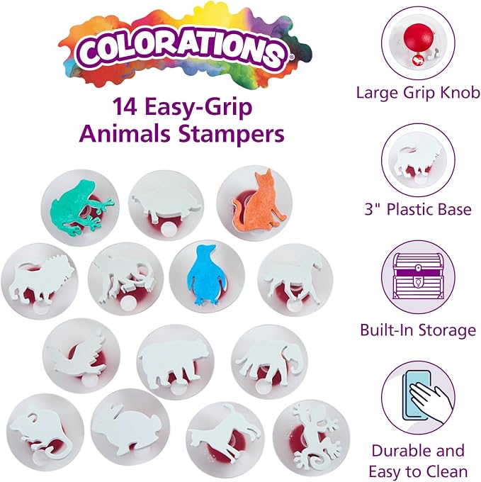 Colorations Easy Knob Grip Stamper Animal Stamps, Set of 15, Ages 3+, PreK+ | 2" x 3", Storytelling, Card Making, Decorating, Educational, Learning, Biology
