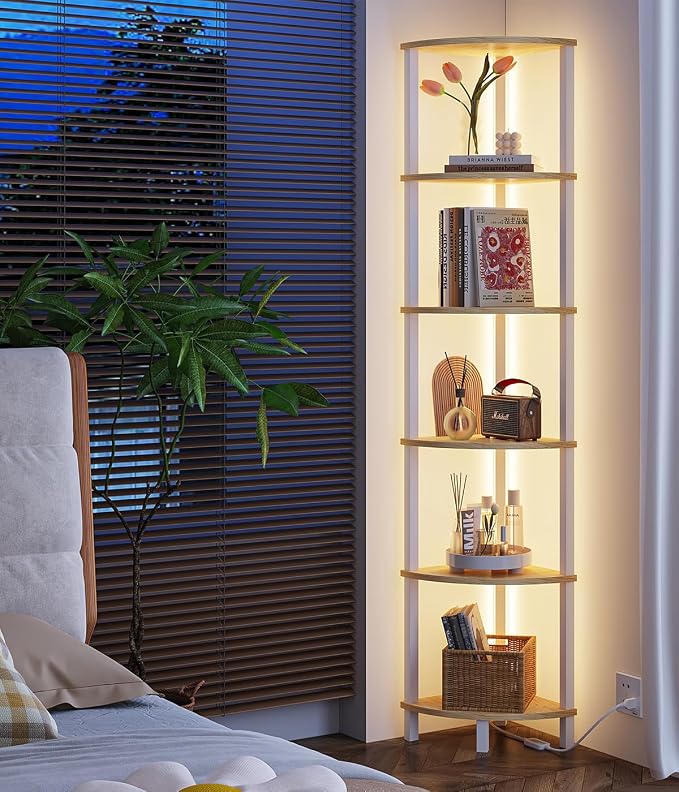 VIMBER 6-Tier Corner Shelf with LED Light, Industrial Corner Ladder Shelf, Rustic Display Shelf for Living Room, Bedroom, Kitchen, Home Office, Sturdy Frame, White and Nature Wood Color UJSJ002Q