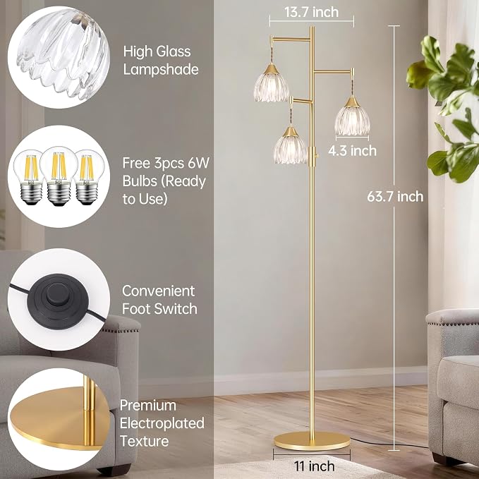 Shenmoyl Stepless Dimming Floor Lamps for Living Room, Bedroom, Gold Standing Lamp with 3pcs 6W Bulbs, Vintage Brass Floor Lamp for Corner, Nursery (Clear Tulip)