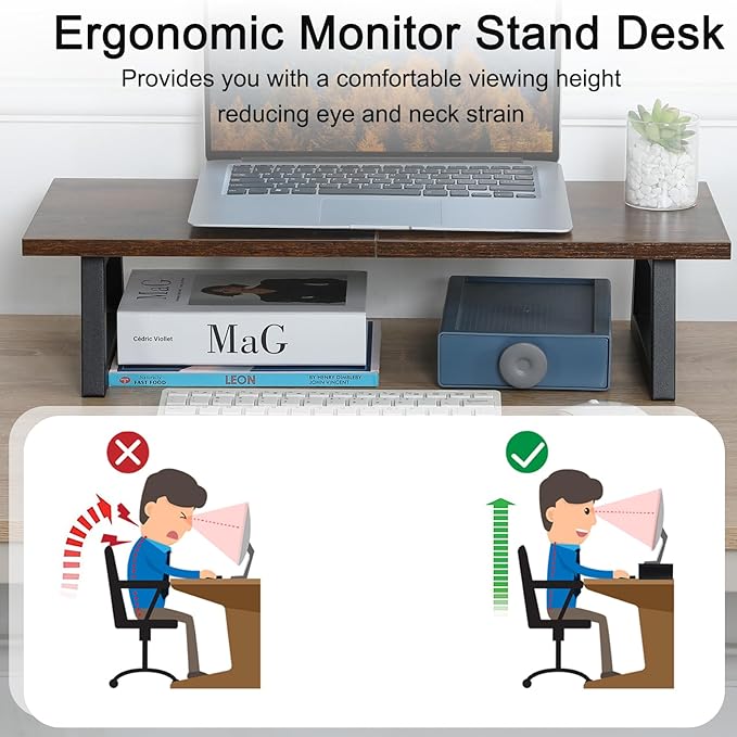 TEAMIX 24 inch Monitor Riser for Desk, Wood & Steel Computer/TV Stand Brown | Laptop, PC, Printer Stand Riser, Holds 150lbs, Desktop Organizer, Keyboard Storage, for Office, Home, Gaming, Craft Space