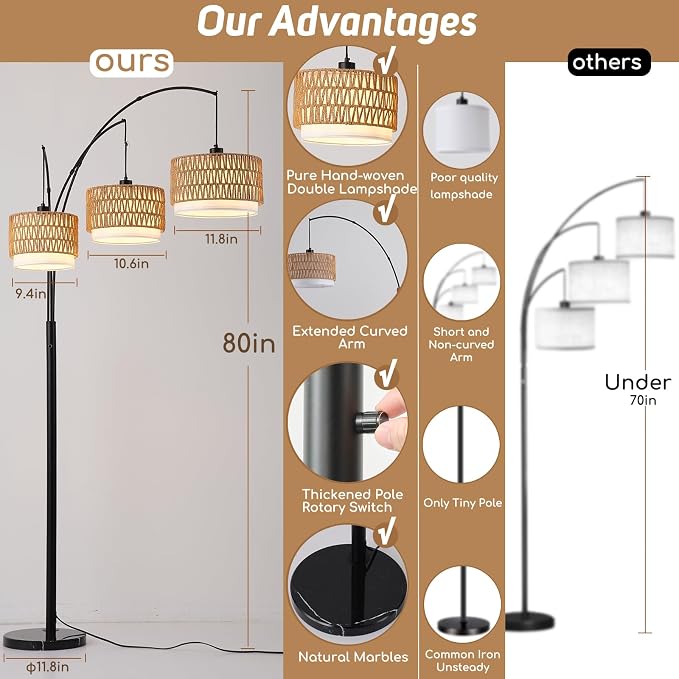 80'' Rattan Arc Floor Lamp for Living Room, 3-Light Boho Tree Tall Lamp | Heavy Natural Marble Base, 1/2/3-Light Rotary Switch,Double-layer Wicker/Fabric Shades for Reading Corners,8 ft+ Ceilings