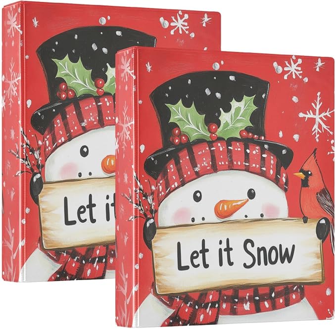 Funny Red Christmas Snowman Bird 3 Ring Binder 1.5" Decorative D-Ring Binder with Clipboard&3 Clear Pockets, Holds 200 Sheets A4 Size Paper Waterproof Binders for School Home Office|2 Pack