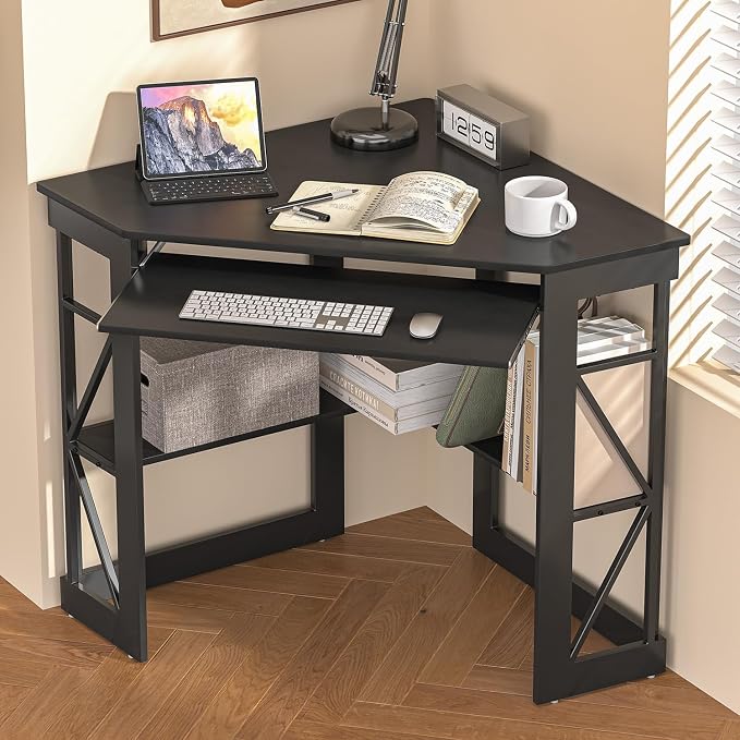 VECELO Corner Desk Computer Desk Writing Table with Smooth Keyboard Tray & Storage Shelves,Compact Home Office Triangle Table,Black