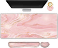 Extended Gaming Mouse Pad Set, Keyboard Wrist Rest Support Pad + Wrist Cushion + XXL Large Mouse Pad + Coaster, Stitched Edge, Non-Slip, Memory Foam Desk Mat, Pink Gold Marble