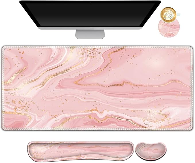 Extended Gaming Mouse Pad Set, Keyboard Wrist Rest Support Pad + Wrist Cushion + XXL Large Mouse Pad + Coaster, Stitched Edge, Non-Slip, Memory Foam Desk Mat, Pink Gold Marble