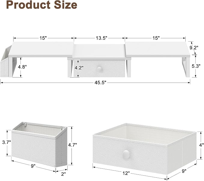 LAND·VOI Heavy Duty Dual Monitor Stand, Holds 2 Screens Up to 27 Inches, Adjustable Length and Angle Monitor Riser, Desk Organizer with Side Pockets and Drawers, Home Office Desk Storage, White