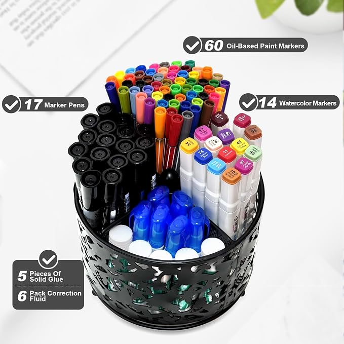 Pen Holder for Desk,360 Degree Rotating Pencil Holder Organizer | 4 Compartments,Large Capacity Pencil Holder for Desk,Metal Rust Prevention Pen Organizers(Bird Lace Pattern,No Hook)