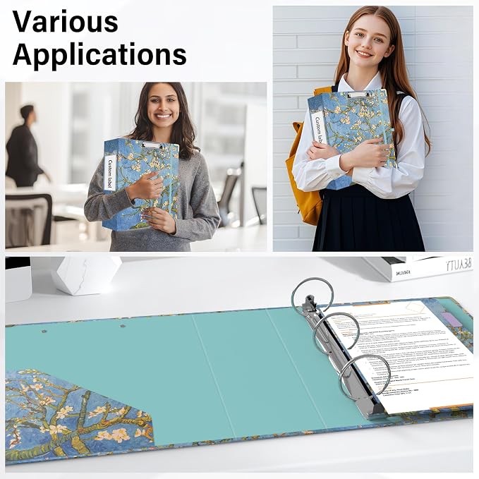 3 Ring Binder 3 Inch Round Ring Binder with 6 Tab Dividers，2 Interior Pockets，Cute Binder Clipboard with Storage, for School Office, Portfolio Organizer with Labels(Almond Tree)
