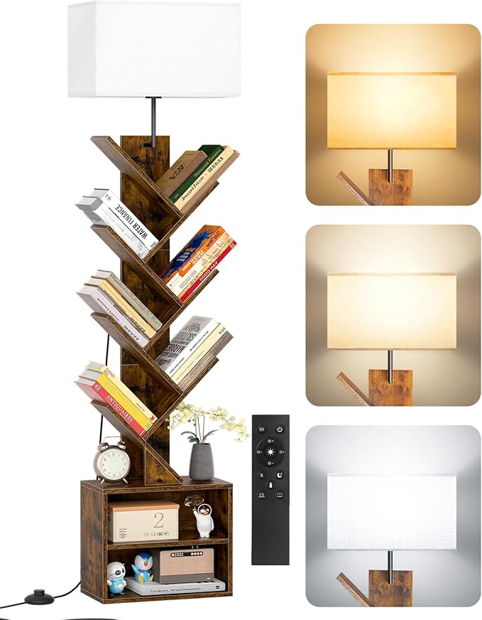 9 Tier Tree Bookshelf with Light, Remote, Timer & Cabinet, Dimmable Modern Tall Floor Standing Corner Book Shelf, Small Narrow Wood Bookcase for Living Room, Bedroom, Office(Rustic Brown)