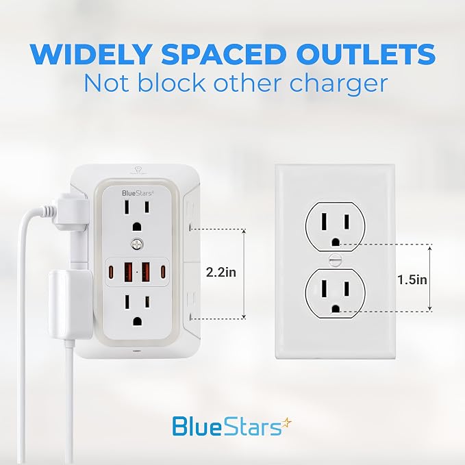 Wall Mount Power Strips Wall Charger 6 Outlet Extender 4 USB Ports (5V, 2.4A, 12W) and Night Light 3-Sided Power Strip with Adapter Spaced Outlets - Multi Plug Outlet Surge Protector for Home Office
