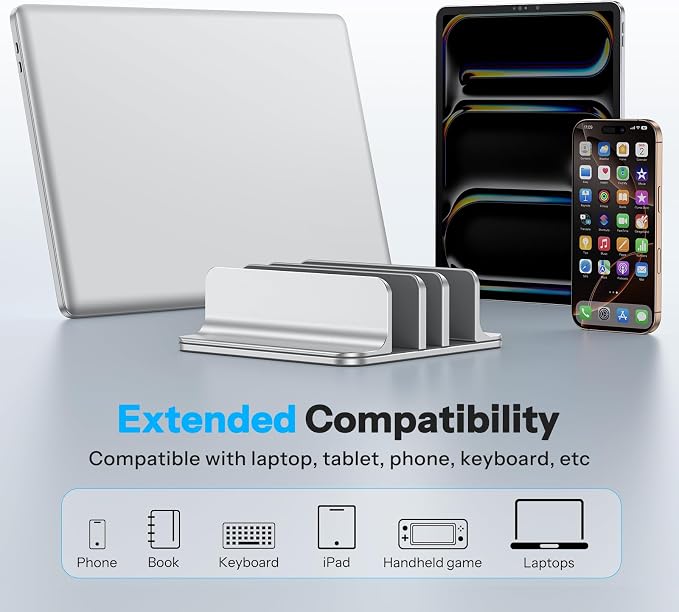 OMOTON 3-Slot Multiple Vertical Laptop Stand, Fits MacBook, Bright Silver | Adjustable Width 0-1.38", Aluminum Office Space-Saving for Desk, Fits MacBook/Book/iPad Up to 17.3in