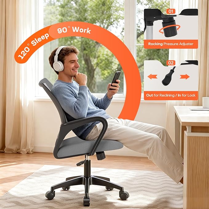 BestOffice Ergonomic Office Chair | Mid-Back Swivel Desk Chair | Grey | with Lumbar Support, Adjustable Height & Breathable Backrest | Sponge Seat & Rolling Wheels | for Home, Office | Pack of 1
