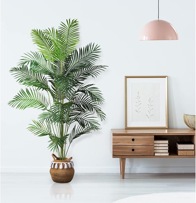 Nearly Natural 7 ft Artificial Paradise Palm Tree with Nursery Pot | 21 Feathery Fronds, Realistic Fake Leaves, Includes Black Nursery Planter, Stately Decor for Indoor Home or Office spaces