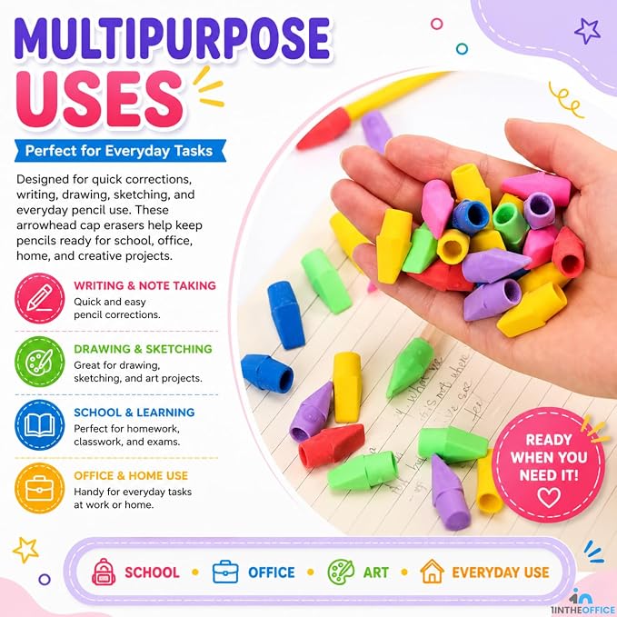 1InTheOffice Pencil Cap Erasers, Assorted Colors, Arrowhead Caps Tops Eraser, Eraser Cap for Art, School, Office Use, and Classroom Set, 12 Pack (Assorted Colors, 12 Pack)