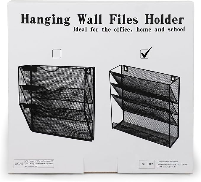 3 Pockets Mesh Wall File Holder Organizer with Bottom Flat Tray, Office Hanging File Folder Magazine Rack, Nametag Label Hooks Set Included, Black