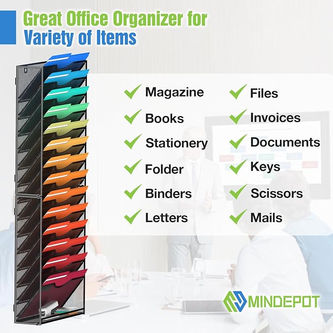 MINDEPOT 15 Tier Wall File Holder Hanging Wall Mount Paper File Organizer for Mails Folders Document Magazine Organization, for Office School Home, Black
