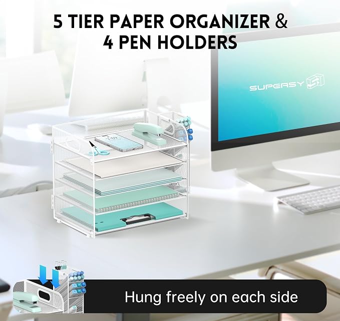 5-Tier Paper Organizer for Desk with Pen Holders, Letter Trays, White | Metal Mesh Desktop File Organizer with Removable Trays and 2 Handles for Paper, Files, Mail, Folders in Office Home or School