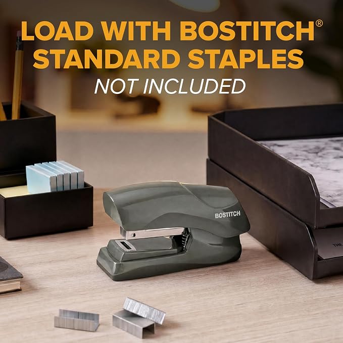 Bostitch Heavy Duty Compact Stapler, 40-Sheet Capacity, No-Jam Technology, Flat Clinch Design, Half-Strip Desktop Stapler, Gray