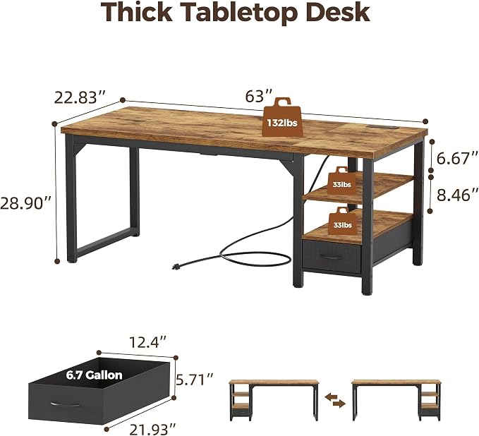 63" Computer Desk with Drawer, 1.2" Thick Reversible Office Desk | Modern Writing Table with Power Outlets & Storage Shelves, Heavy Duty Industrial Executive Desk for Home Bedroom Study Work