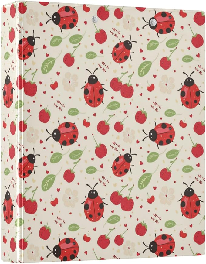 Ladybugs with Cherry 3 Round Ring Binders | 1.5 Inch Binder with Clipboard, PVC Pockets, Work Organizer, Holds 200 Sheets for School Office 1 Pack