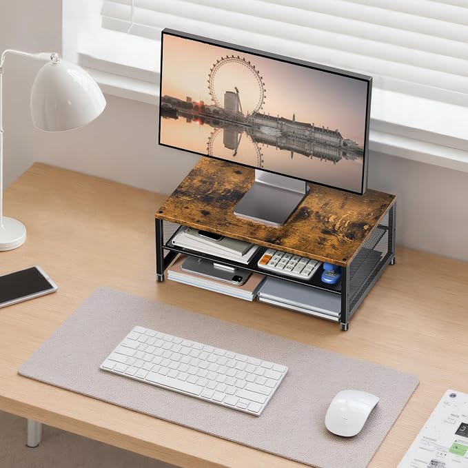 ECOLOVI 2-Tier Computer Monitor Stand Riser, Printer & Laptop Stand, Office Desk Accessories, Workspace Desk Organizer for Home Office Supplies, Brown