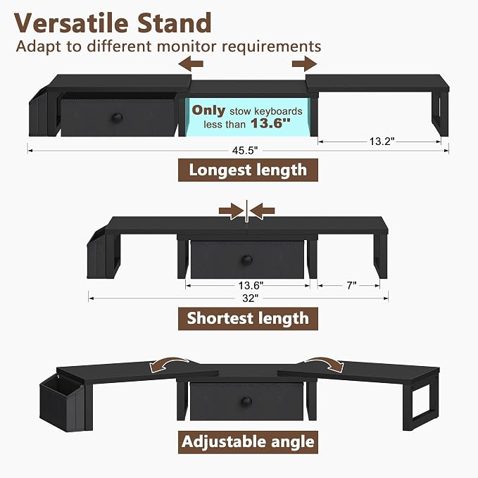 LAND·VOI Dual Monitor Stand with Drawer and Side Pockets, Monitor Riser for Desk, Home Office Desk Storage, Multi-Scenario Adaptation for Work and Entertainment, Black, HMS02BK