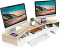 FITUEYES Dual Monitor Stand Riser, Adjustable Length and Angle, Oak | Wooden 3-Shelf Design, Supports up to 55lbs, Flexible for Standard Corner Space, Holds Monitor, Laptop, Phone, Printer