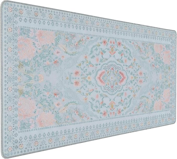 Giant Floral Desk Pad, Blue XXL Long Mouse Mat with Anti-Slip & Stitched Edge, Cute Office Decor for Women, Home Computer Workstation