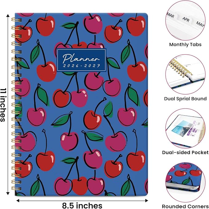 Planner 2026-2027, Academic Year Monthly & Weekly Planner Caledndar, July 2026 - June 2027, Hardcover Large Planning Agenda Book with Tabs for School Office Supplies, 8.5" x 11" - Sweet Cherries
