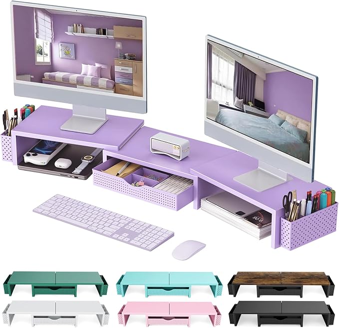 gianotter Dual Monitor Stand Riser With Drawer and 2 Pen Holders | Computer Monitor Stand Desk Organizer and Accessories Desk Shelf for Top of Desk (Purple)
