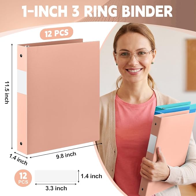 Henoyso 1 Inch 3 Ring Colored Binders Soft Flexible, 8.5'' x 11'' Plastic Floppy Binders Bendable with 2 Pockets, Colorful Binder Bulk for School Office Business ，12 Pack (Assorted Vibrant Color)