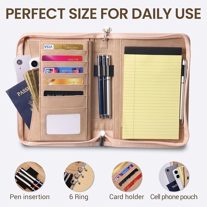A5 Binder 6 Ring with Zipper, Portable Planner for Travel & Study | Faux leather A5 planner with detachable 6 rings, lined pages, pouches, card slots and pen holder for daily use.