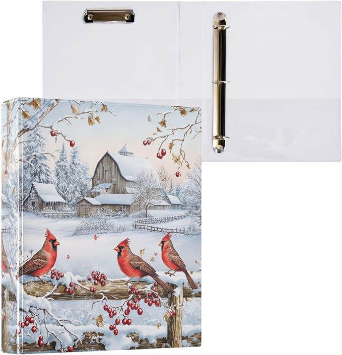 Winter Red Birds Snowy Farm House 3 Ring Binder 1.5" Decorative D-Ring Binder with Clipboard&3 Clear Pockets, Holds 200 Sheets A4 Size Paper Waterproof Binders for School Home Office
