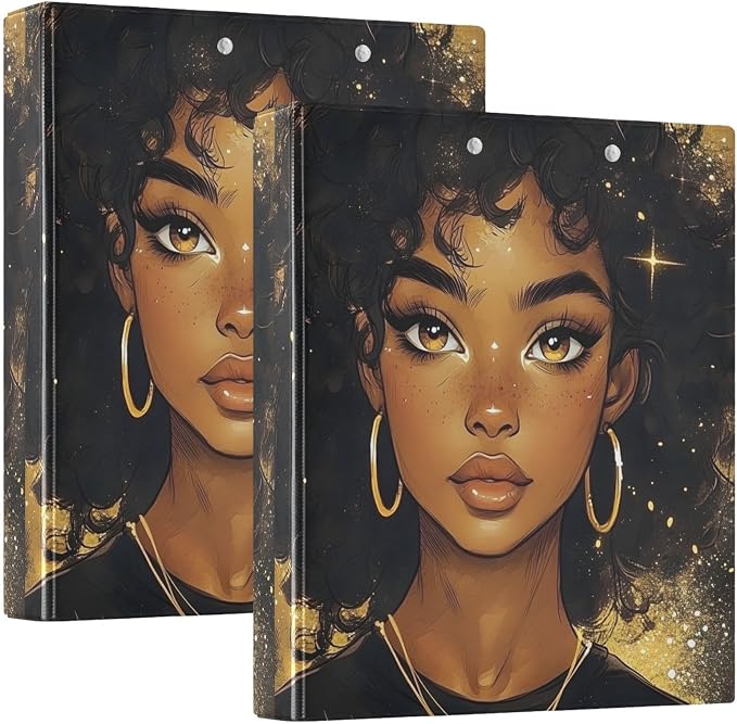 Black Girl 3 Ring Binder 1.5 Inch 2 Pack with 200 Sheet for Kids School Supplies Women Men Office
