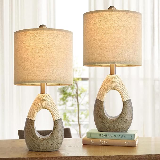 19” Boho Table Lamps Bedroom Living Room Set 2,Suitable for Small Space,Small Farmhouse RattanTable Lamp Rustic Egg Design Resin Light Decoration,Nightstand Bedside Lamps for Office Study Rest