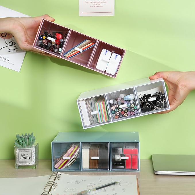OSteed Desktop Drawers, Desk Organizer with 3 Drawers, Stackable Plastic Storage Box for Home Collection, Cosmetics, Jewelry, Office Supplies (1 Tall Layer, White)