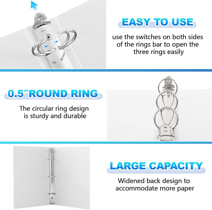 Henoyso 12 Pcs 0.5 Inch Mini 3 Ring Binders Fits 5.5" x 8.5" Paper, Holds(Capacity 140 Sheets), Plastic Flexible Three Round Rings Small White A5 Binders Bulk for School, Office Use, Photo Album