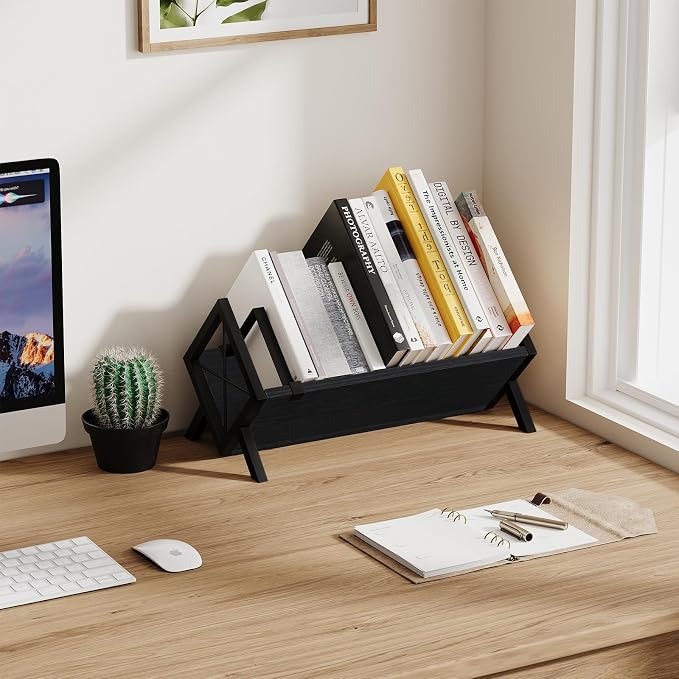 YINMIT Wood Desktop Bookshelf Organizer, Slanted Tabletop Bookshelf | Small Desk Bookshelf, Book Organizer in Living Room, Office, Portable Mini Bookcase for CDs, Magazine, Books, Cookbooks
