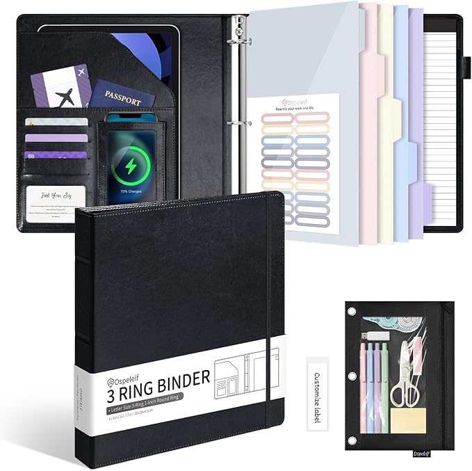 Ospelelf Leather 3 Ring Binder for Letter Size Documents with Pocketed Dividers, 1 Inch Round Rings, Holds 175 Sheets, Binders with Storage Bag & Notepad, for Office School Home Organization, Black