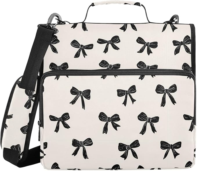 Aslsiy Zipper Binder Bag for Girls Boys Black Bows on Beige 1.5 inch 3-Ring Binder Organizer with Shoulder Strap for School Office Supplies