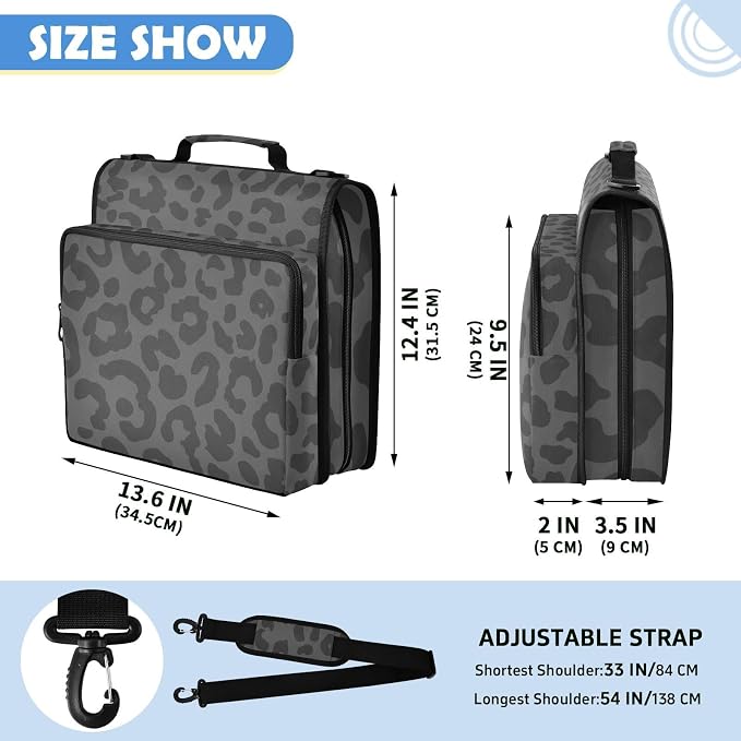 Leopard Black Zipper Binder File Organizer Bag 3 D-Ring | with Shoulder Strap, Holds 500 Sheets & 14in Laptop, 3 Ring Binder for Office Supplies