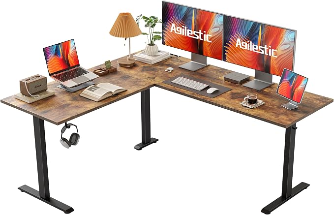 Agilestic 63 x 55 Inch L Shaped Electric Standing Desk, Rustic Brown | Corner Desk, Ample Workspace, Memory Presets, Hooks, Stable Steel Frame,176 lbs Capacity, Easy Assembly, Splice Board